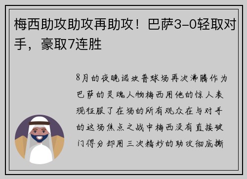 梅西助攻助攻再助攻！巴萨3-0轻取对手，豪取7连胜